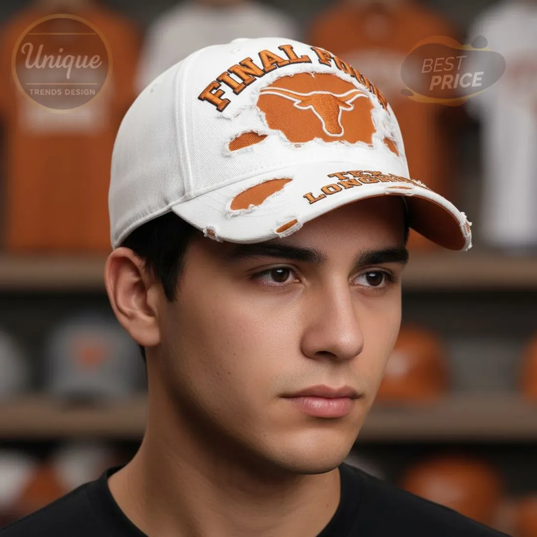 Texas Longhorns Final Four NCAA Distressed White Embroidered Baseball Cap Texas Longhorns Final Four NCAA Distressed White Embroidered Baseball Cap