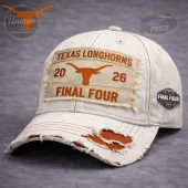 Distressed white Texas Longhorns 2026 Final Four cap, vintage style with orange embroidered text and iconic longhorn logo!