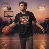 Black collegiate sports tee with orange, white distressed 'Sweet SIXTEEN 20 26 NCAA MEN'S BASKETBALL CHAMPIONSHIP' text and Texas Longhorns logo on basketball!