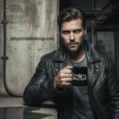 Black ceramic mug with distressed white 'THE BATMAN' logo! Perfect for superhero movie fans!