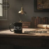 Black mug featuring the white jagged 'THE BATMAN' movie logo, set on a dark wooden desk with vintage books and a brass lamp!