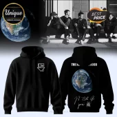 Black The Neighbourhood hoodie with white house logo on front and Earth graphic, band name, and signatures on the back!