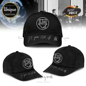 Black baseball cap with The Neighbourhood's white house logo and printed band member signatures on the brim!
