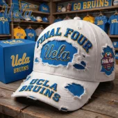 White distressed UCLA Final Four baseball cap with blue & gold embroidery! Features