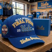 Blue UCLA baseball cap with gold embroidery! Features 'NCAA Women's Final Four 2026' text and 'Ucla bruins' on brim!