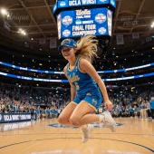 Blue and yellow UCLA basketball jersey with number 5 and matching UCLA cap, collegiate athletic style in stadium celebration!