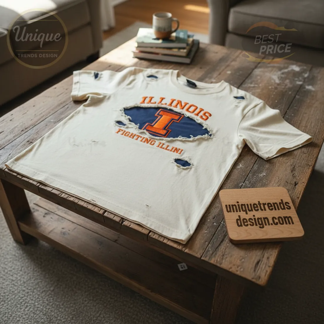University of Illinois Fighting Illini Distressed Vintage Embroidered T-Shirt