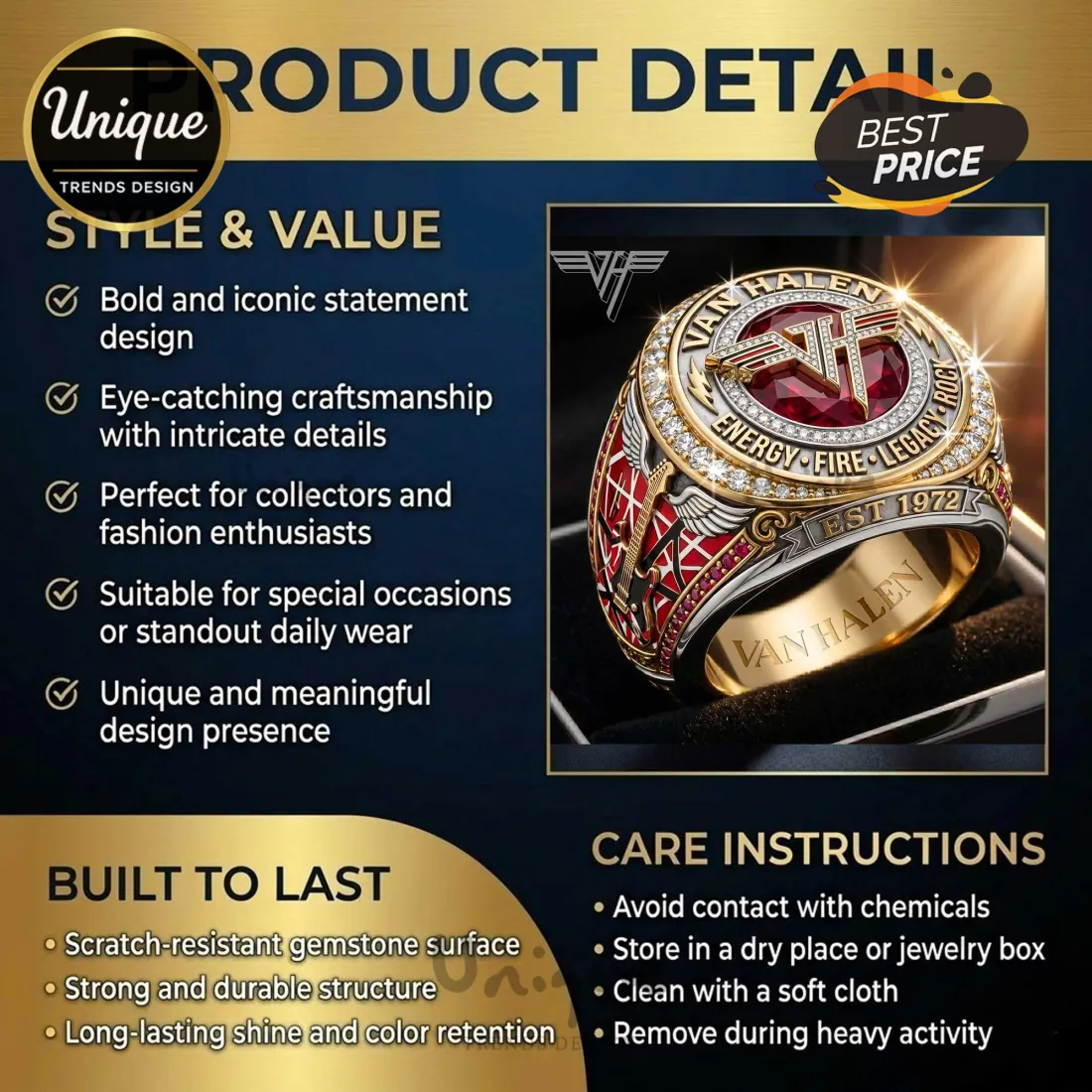 Van Halen Commemorative Legacy Rock Band Premium Diamond Ruby Ring Van Halen Commemorative Legacy Rock Band Premium Diamond Ruby Ring