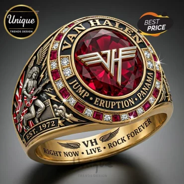 Van Halen Commemorative Rock Band Fan Gold Plated Ruby Gemstone Ring Van Halen Commemorative Rock Band Fan Gold Plated Ruby Gemstone Ring