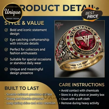 Van Halen Commemorative Rock Band Fan Gold Plated Ruby Gemstone Ring