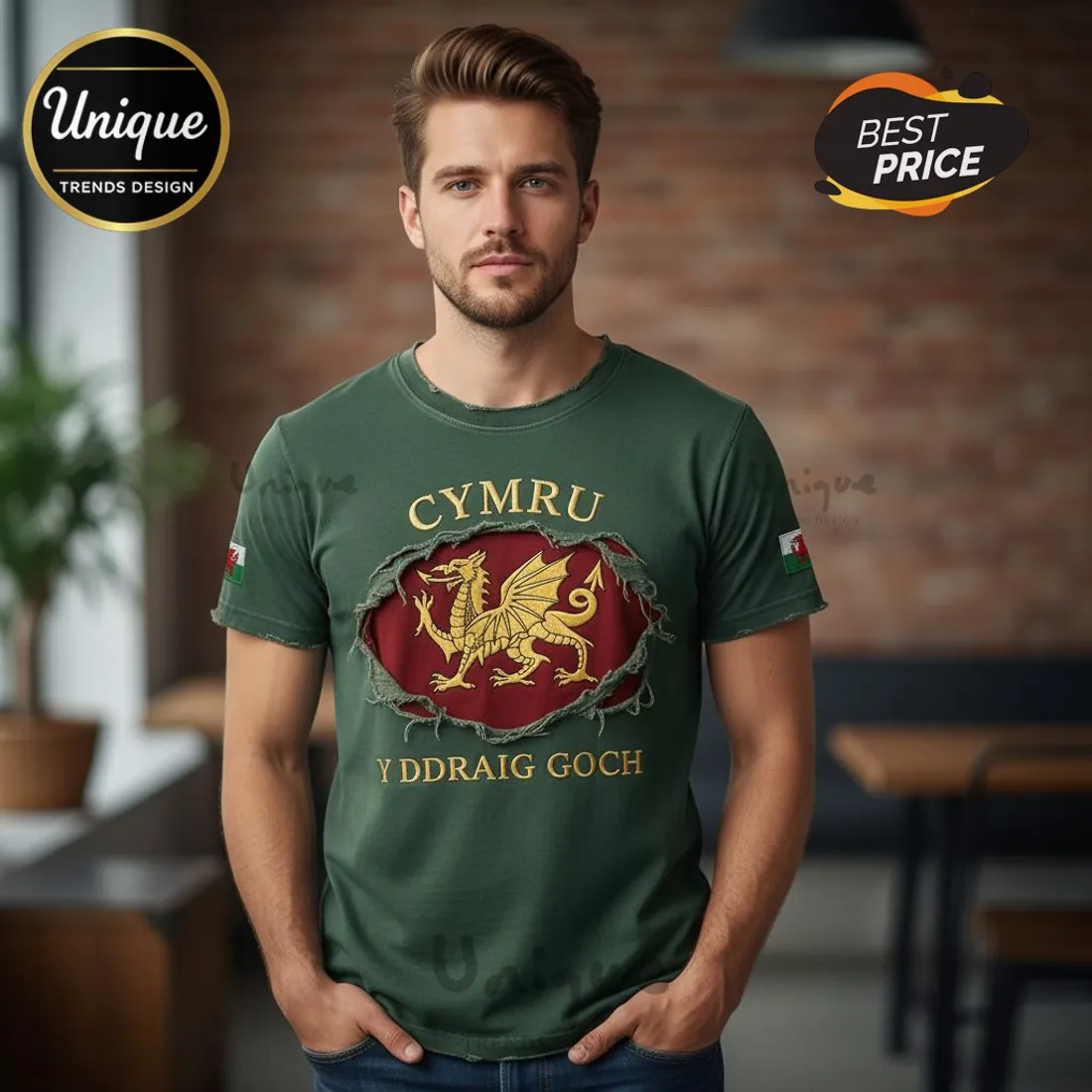 Wales Red Dragon Distressed Green Premium T-Shirt Wales Red Dragon Distressed Green Premium T-Shirt