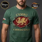 Distressed green t-shirt with a ripped effect showing a gold Welsh dragon and the text Cymru Y Ddraig Goch in gold!