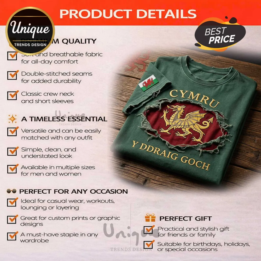 Wales Red Dragon Distressed Green Premium T-Shirt Wales Red Dragon Distressed Green Premium T-Shirt