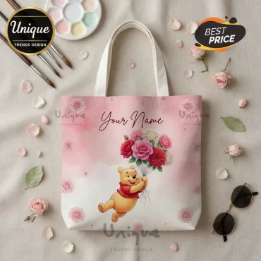 Winnie the Pooh Personalized Custom Name Floral Pink Watercolor Tote Bag