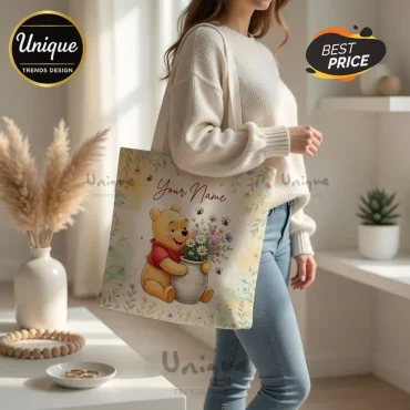 Winnie the Pooh Personalized Custom Name Floral Pink Watercolor Tote Bag