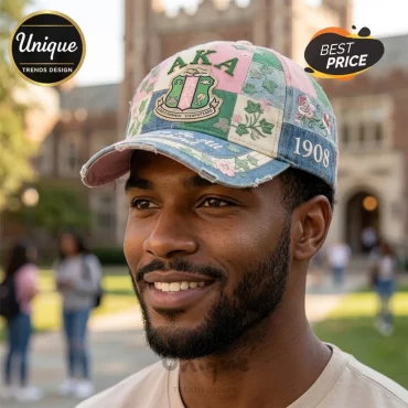 AKA 1908 Sorority Embroidered Patchwork Distressed Baseball Cap