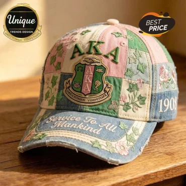 AKA 1908 Sorority Embroidered Patchwork Distressed Baseball Cap