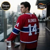 Man wearing red hockey jersey with Alonso 14 on back, white and blue stripes, professional sports style apparel!