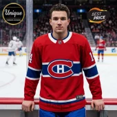 Montreal Canadiens red hockey jersey with blue and white stripes and central CH logo worn by a man at a hockey rink!