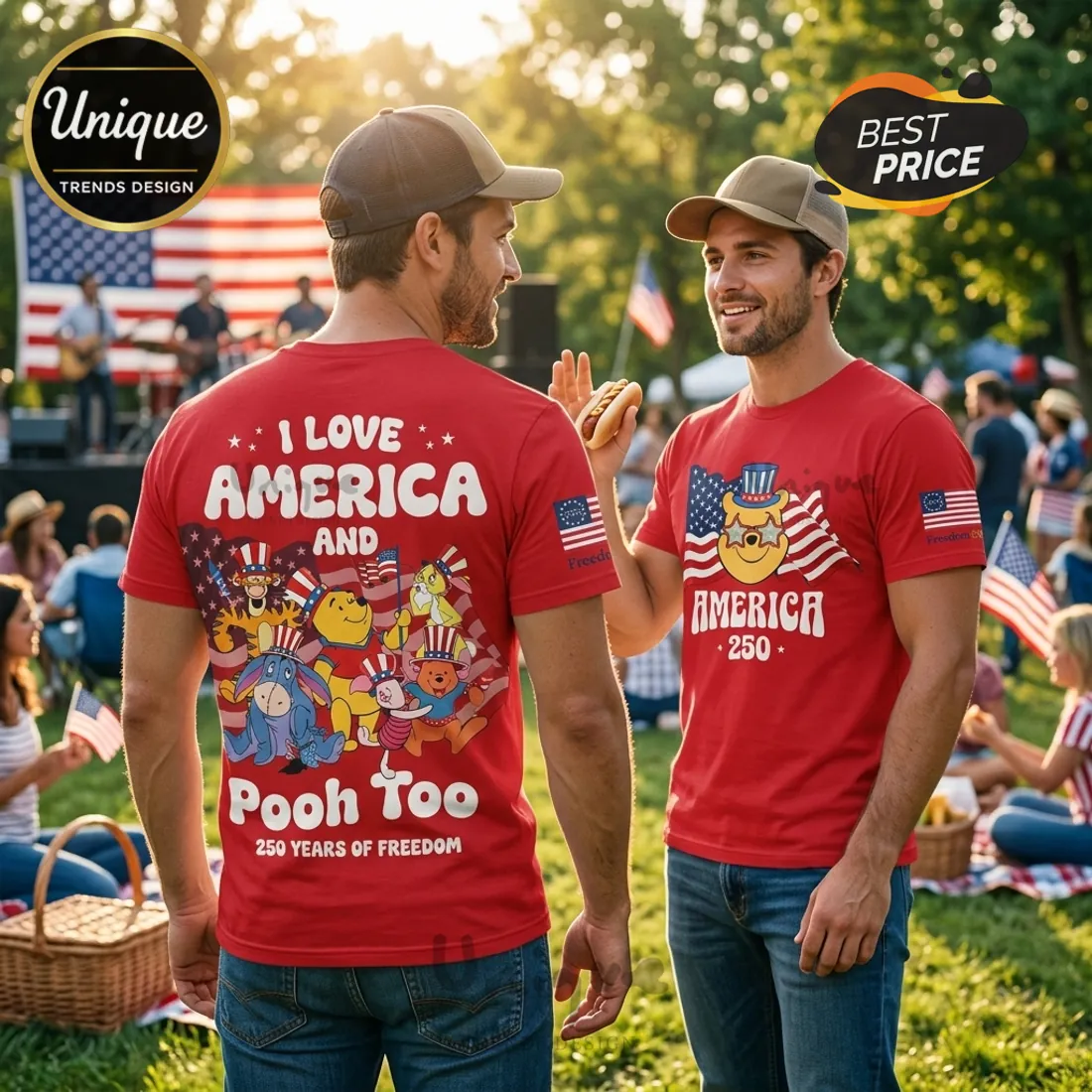 America 250 Years Freedom Pooh & Friends Patriotic Graphic T-Shirt America 250 Years Freedom Pooh & Friends Patriotic Graphic T-Shirt