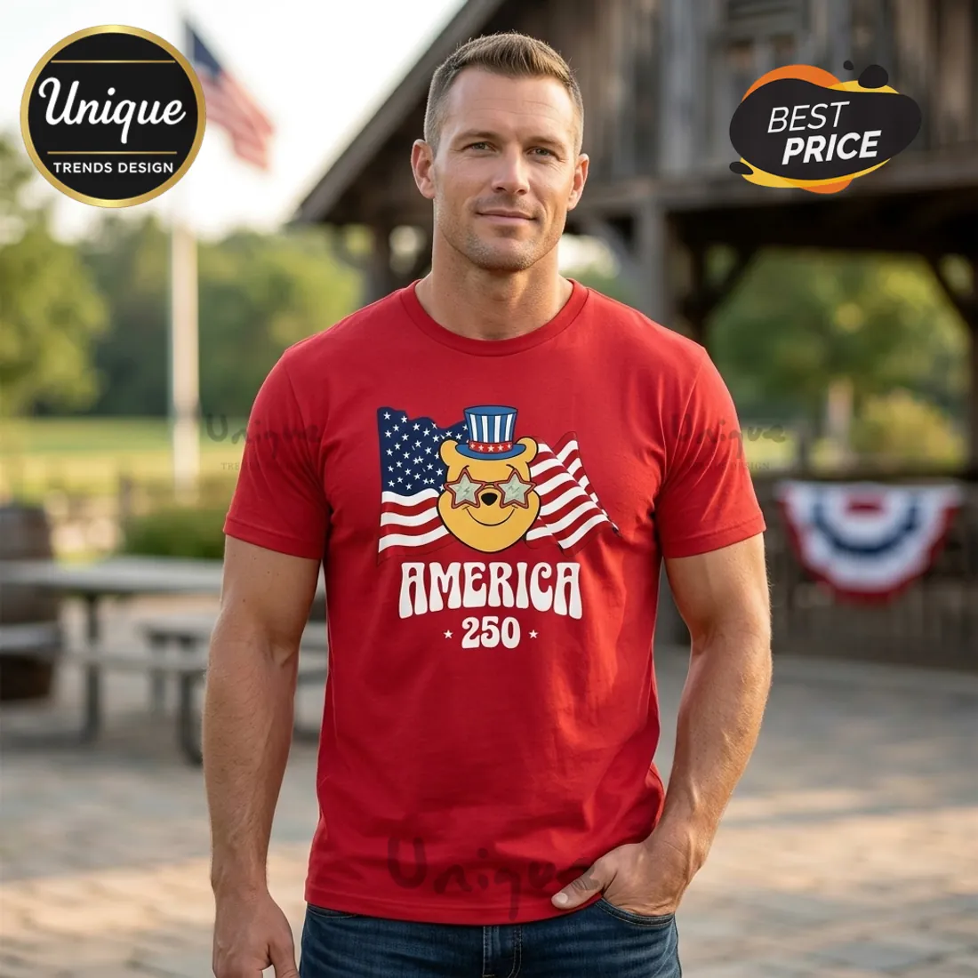 America 250 Years Freedom Pooh & Friends Patriotic Graphic T-Shirt America 250 Years Freedom Pooh & Friends Patriotic Graphic T-Shirt