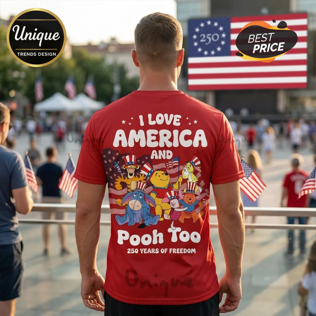 America 250 Years Freedom Pooh & Friends Patriotic Graphic T-Shirt America 250 Years Freedom Pooh & Friends Patriotic Graphic T-Shirt