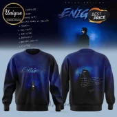 Navy blue crewneck sweatshirt featuring Arjan Dhillon Enigma album art with metallic blue text and portrait graphic!