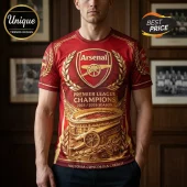 Red and gold Arsenal FC soccer jersey with Premier League Champions 2025-2026 text and cannon emblem graphic!
