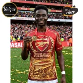 Red and gold Arsenal jersey with Premier League Champions 2025 2026 text and cannon graphic on front!