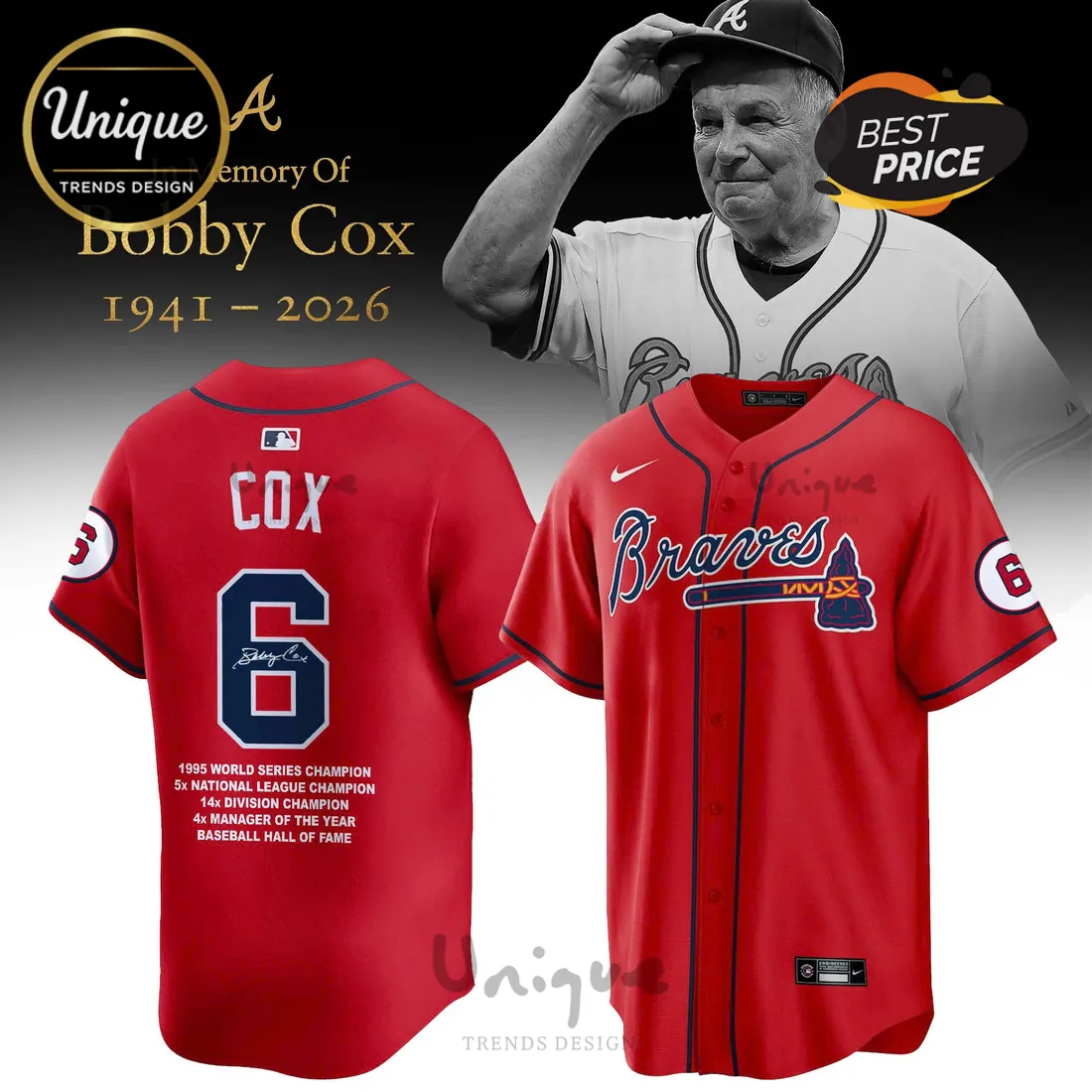 Atlanta Braves Bobby Cox #6 In Memory 1941-2026 Baseball Jersey Atlanta Braves Bobby Cox #6 In Memory 1941-2026 Baseball Jersey