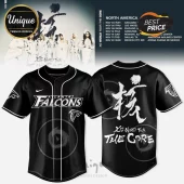 Black baseball jersey featuring Atlanta Falcons logo on front and white Japanese kanji with XG World Tour The Core text!