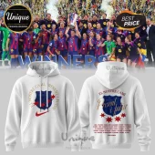 White hoodie with FC Barcelona logo, red stars, and text El Nostre Cami Present I Futur for soccer fan merchandise!