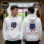 White hoodie with FC Barcelona crest and El Nostre Cami text in gold and blue with player names on the back!