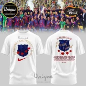 White FC Barcelona soccer t-shirt with blue club crest gold text El Nostre Cami Present I Futur and player names on back!