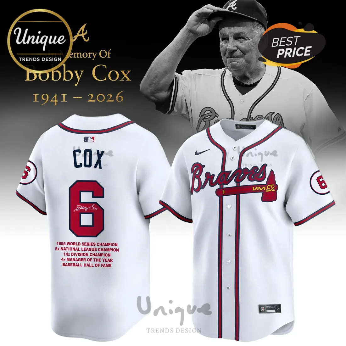 Bobby Cox Atlanta Braves 1941-2026 In Memory Limited Edition White Jersey Bobby Cox Atlanta Braves 1941-2026 In Memory Limited Edition White Jersey