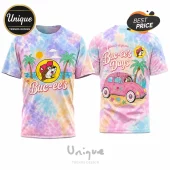 Tie dye shirt featuring Buc-ee the beaver mascot with palm trees, a pink car, and text My favorite days are Buc-ee's Days!