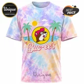 Tie-dye t-shirt featuring a Buc-ees beaver logo on a beach with palm trees and sun graphic!