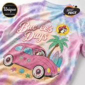 Tie-dye t-shirt with pink car graphic, palm tree, and text My favorite days are Buc-ee's Days in retro style!