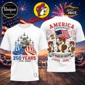 White t-shirt with Buc-ee the beaver, US flag, fighter jets, fireworks, and 250 Years of Freedom 1776-2026 text graphics!