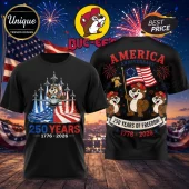 Black graphic t-shirt with Buc-ee the beaver, fighter jets, American flag, and 250 Years 1776-2026 patriotic text!