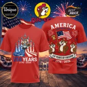 Red t-shirt with Buc-ee the beaver patriotic 1776-2026 America 250 years anniversary design with jets and flags!