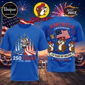 Blue t-shirt featuring Buc-ee the beaver, fighter jets, fireworks, and text 250 Years 1776-2026 America Anniversary!