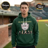 Dark green hooded sweatshirt featuring Cal Poly Baseball Championship graphic with 2023 team players and shield logo!