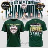 Dark green Cal Poly baseball championship tee with front chest shield and back team photo graphic print!