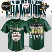 Green Cal Poly Mustangs baseball jersey with 2026 Big West Conference Champions graphics and team photo collage!