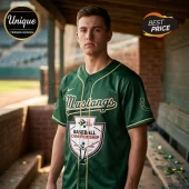 Green baseball jersey with gold trim featuring Mustangs text and a 2026 Big West Baseball Championship shield graphic!