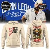 Cream hoodie featuring Carin Leon graphics, bull skull logo, cowboy portraits, lion, and Sonora desert art in retro style!