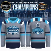 Grey and blue hockey jersey with Saguenéens Champions 2026 text and hockey trophy graphic!
