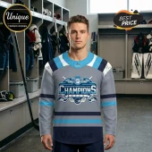 Grey and blue hockey jersey with Quebec Major Junior Hockey League Champions text and crossed stick logo graphic!