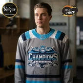 Grey Quebec Major Junior Hockey League champions jersey with blue and white accents and hockey stick graphics!